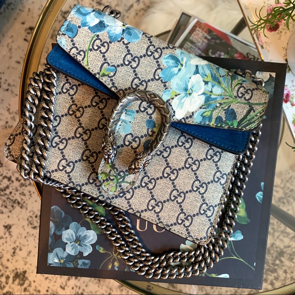 GUCCI DIONYSUS GG BLOOMS MINI BLUE SUEDE